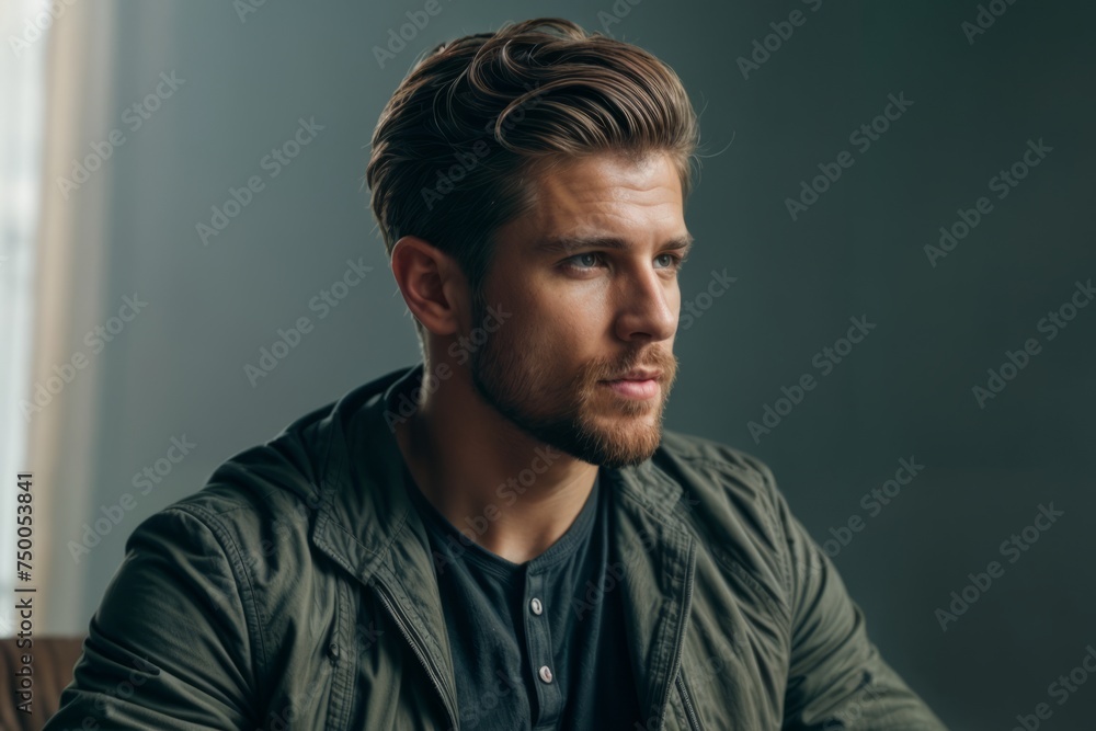 A man with a beard and a gray jacket. Sitting in a dark room. A man with a beard and a gray jacket. Sitting in a dark room.