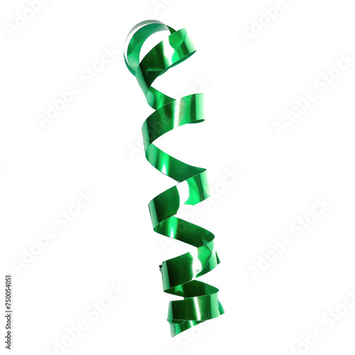 Curly green party ribbon with striped pattern, spiraling loosely, Concept of celebration, decoration, and festive events