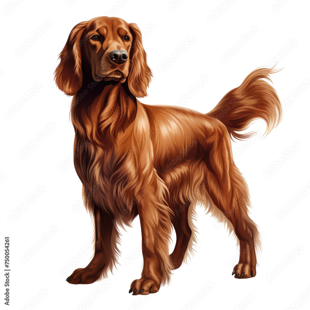 Majestic Irish Setter standing with a proud posture, showcasing its glossy chestnut coat, Concept of purebred dogs, pet beauty, and elegance