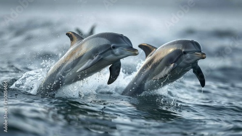 Dolphins jumping in ocean waters. Aquatic Sealife. Ocean. Endangered. Intelligent species.  © steve