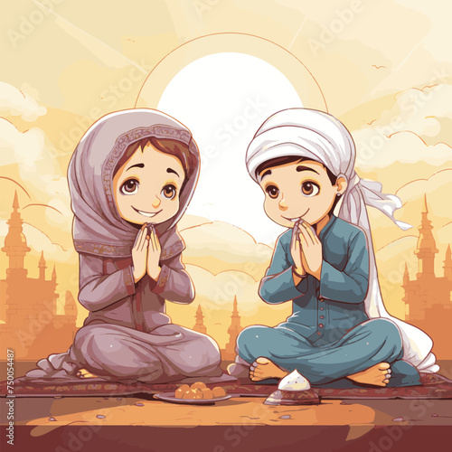 Diverse Unity Cartoon Children in Muslim Attire with Namaste