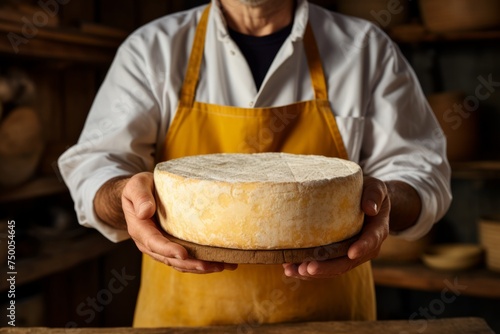 Cheese expert connoisseur holds in hands crafted cheese wheel photo