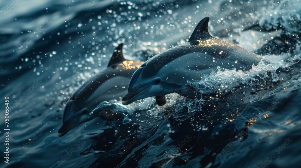 Naklejka premium Dolphins jumping in ocean waters. Aquatic Sealife. Ocean. Endangered. Intelligent species. 