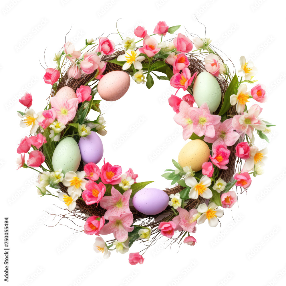 Easter Wreath with Pastel Eggs and Spring Flowers PNG, Transparent Image without background, Concept of festive springtime decoration
