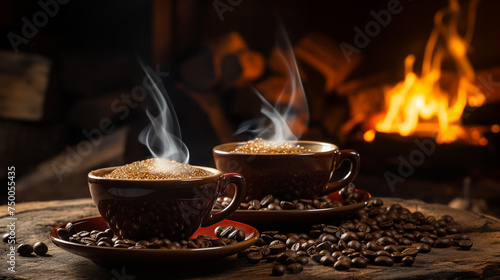 Cups of coffee with smoke and coffee beans on old