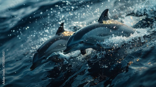 Dolphins jumping in ocean waters. Aquatic Sealife. Ocean. Endangered. Intelligent species. 