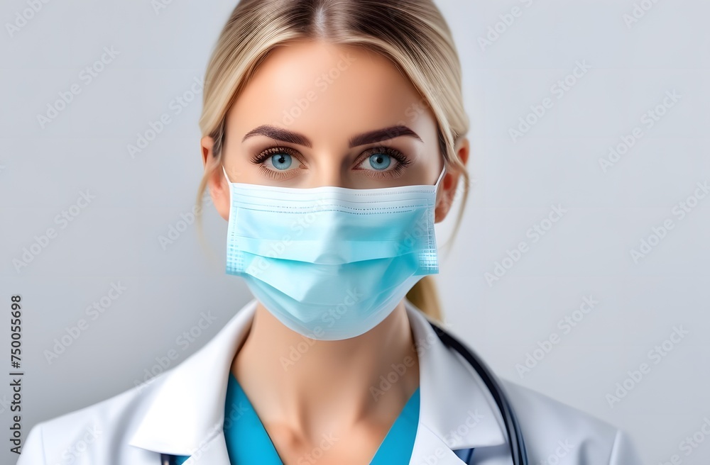 A female healthcare professional wearing a blue surgical mask and white coat, looking at the camera with a focused expression. A female healthcare professional wearing a blue surgical mask and white coat, looking at the camera with a focused expression.