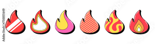 Isolated retro fire icon set, vector stickers. Hot party, flame shape, top, super popular, burning hit, blaze. Outline 3d fire with pattern. Retro design elements for ads, party and pop culture