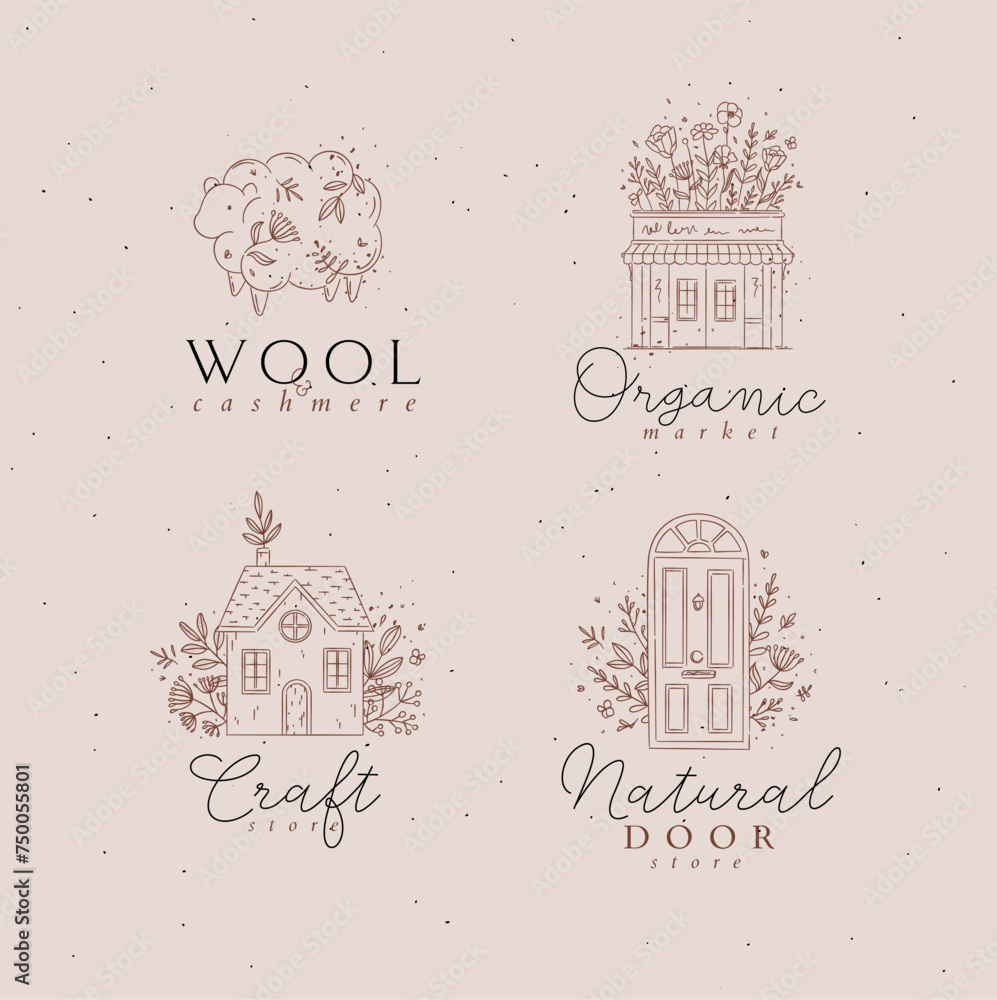 Hand drawn sheep, store, house, door labels drawing in floral style with brown pink background