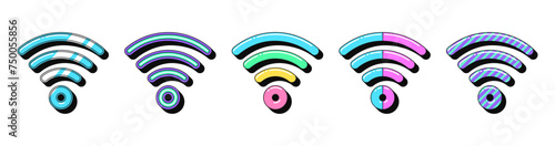 Isolated retro wifi icon set, vector stickers. Wireless internet and network connection, hotspot, 5g wifi router, antenna. Outline 3d wifi with pattern. Retro design elements for ads and pop culture