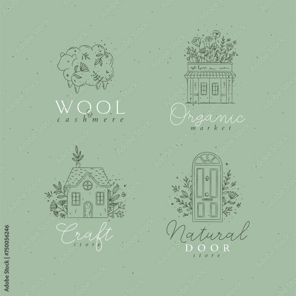 Hand drawn sheep, store, house, door labels drawing in floral style on green background
