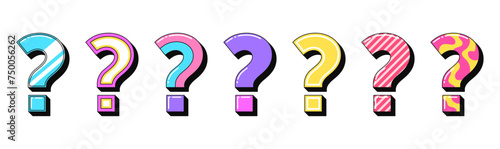 Isolated retro question icon set, vector stickers. Ask, unknown problem, quest, find solution, secret, search answer. 3d question marks with pattern. Retro design elements for ads and pop culture