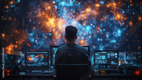 the man was completely immersed in the computer, working on charts