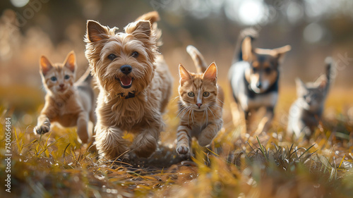 friendship between cats and dogs, they run together across the field photo