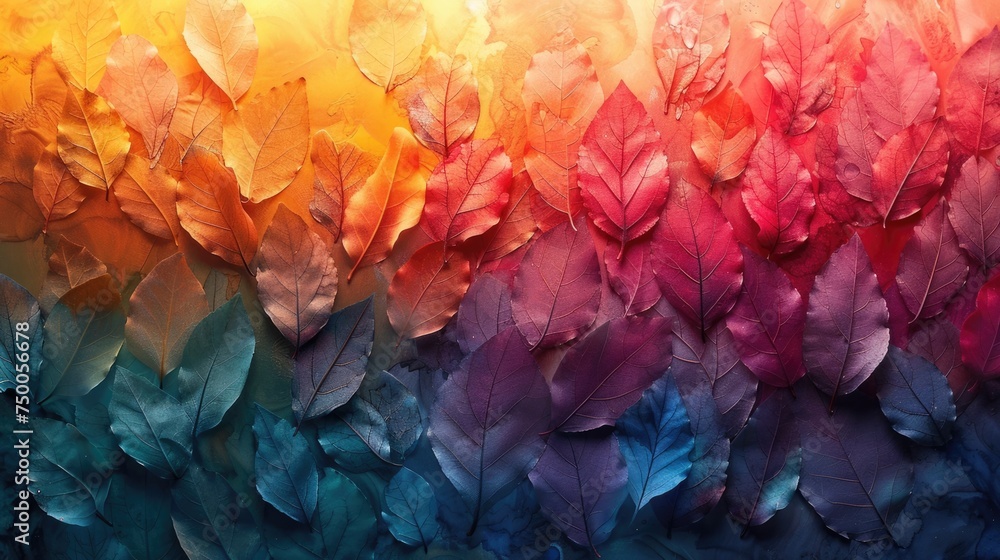 Abstract background of multicolored leaves in all colors of the rainbow, generated by AI, illustration