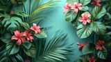 Beautiful flowers and greenery on the background of a blue wall, AI generation
