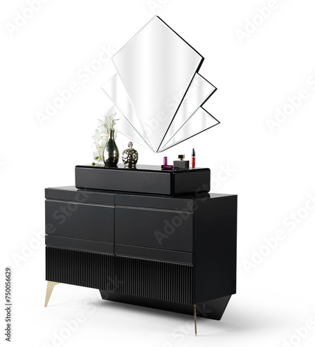 Dressing table isolated on white background. Wooden dressing table with mirror