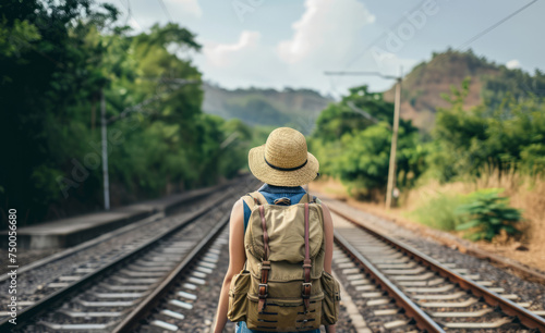 Close up back view of young woman with a travel backpack on her back standing at railway station. Joyful free travel concept