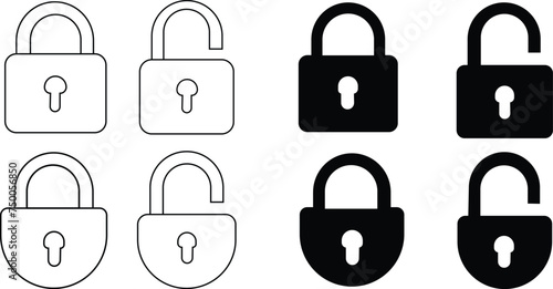Black isolated icon of locked and unlocked lock on white background. Set of Silhouette of locked and unlocked padlock. Flat design.