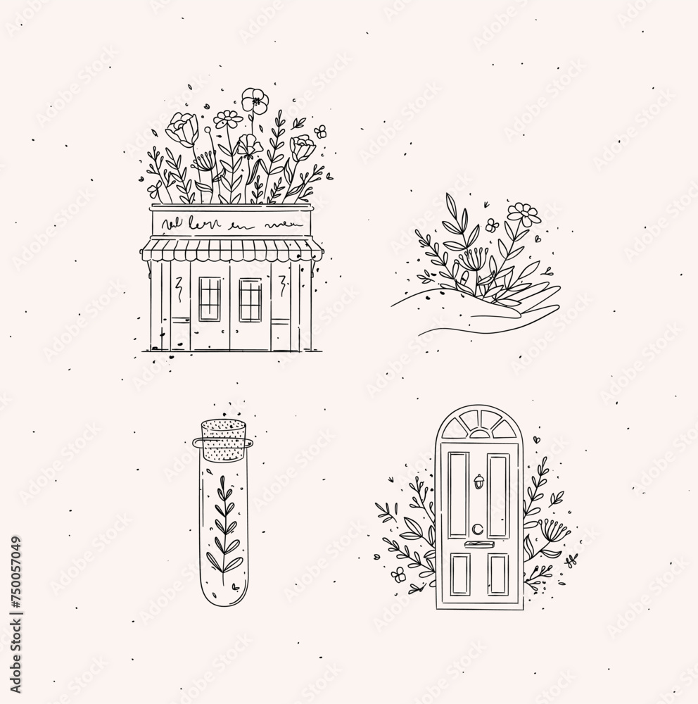 Hand drawn store, hand, test tube, door icons drawing in floral style on light background