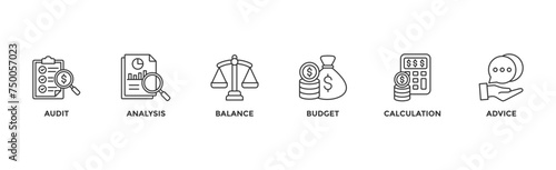 Accounting banner web icon vector illustration concept for business and finance with an icon of the audit, analysis, balance, budget, calculation, and advice 