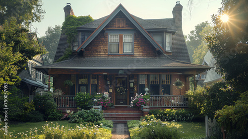 Late afternoon sunlight casting a soft glow on a simple suburban home  its wooden shingles and charming front porch capturing the essence of craftsmanship.