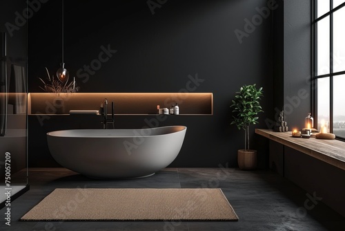 Modern stylish bathroom with white toilet bathtub and dark gray walls in a minimalist style at simple apartment of hotel room or spa center. Interior design concept
