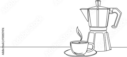 continuous single line drawing of cup of espresso and moka pot, line art vector illustration