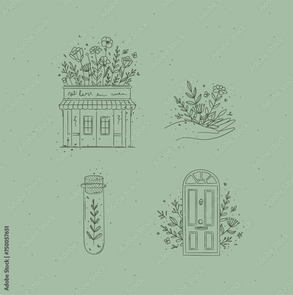Hand drawn store, hand, test tube, door icons drawing in floral style on green background