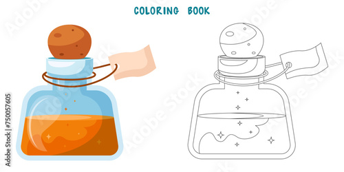 Coloring book of illustration of flasks with potion. Game potion. Coloring page of magic phials, magic bottles for witchcraft, elixir, love potion poison and antidote.
