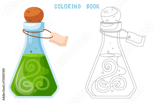 Coloring book of illustration of flasks with potion. Game potion. Coloring page of magic phials, magic bottles for witchcraft, elixir, love potion poison and antidote.