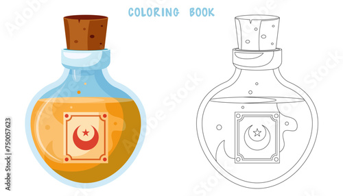 Coloring book of illustration of 
flasks with potion. Game potion. Coloring page of magic phials, magic bottles for witchcraft, elixir, love potion poison and antidote.