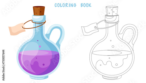 Coloring book of illustration of flasks with potion. Game potion. Coloring page of magic phials, magic bottles for witchcraft, elixir, love potion poison and antidote.