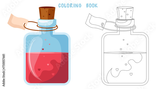 Coloring book of illustration of flasks with potion. Game potion. Coloring page of magic phials, magic bottles for witchcraft, elixir, love potion poison and antidote.