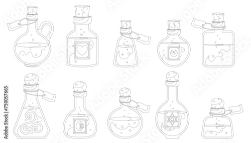 Coloring book of set of illustrations of flasks with potion. Game potions. Collection of coloring pages of magic phials, magic bottles for witchcraft, elixir, love potion poison and antidote.