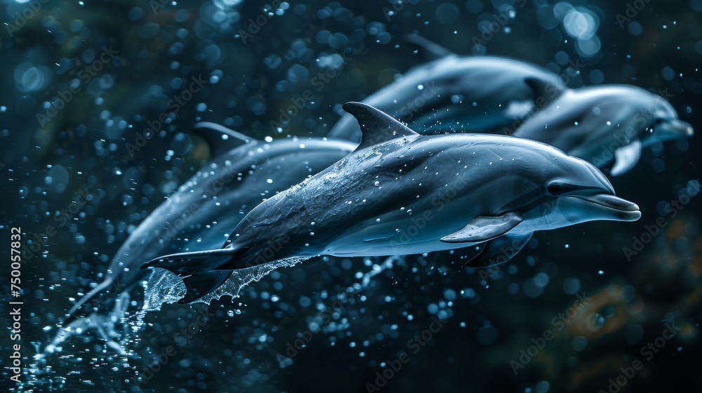 Fototapeta premium Dolphins swimming in clear blue ocean waters. Aquatic Sealife. Ocean. Endangered. Intelligent species.