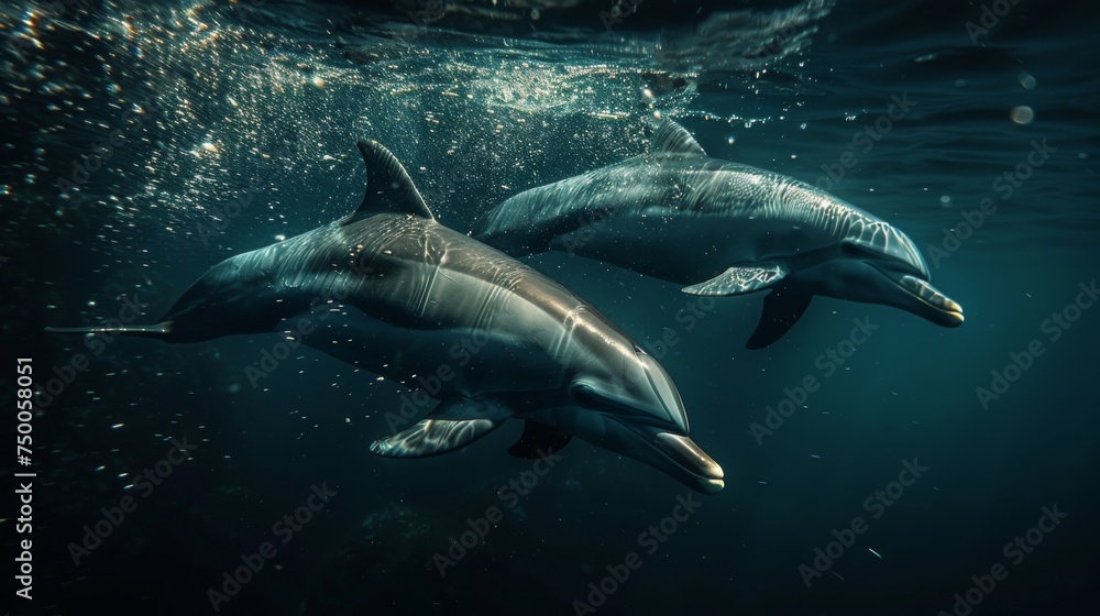 Fototapeta premium Dolphins swimming in clear blue ocean waters. Aquatic Sealife. Ocean. Endangered. Intelligent species.