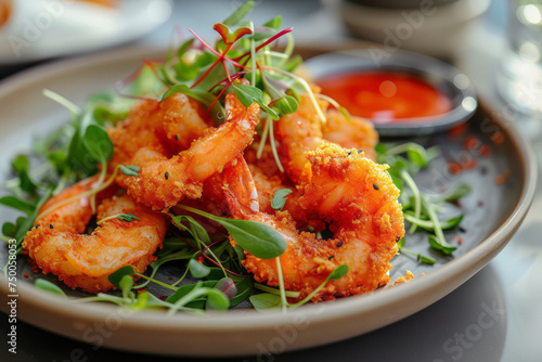 Fried shrimps on a plate with vegetables and microgreens