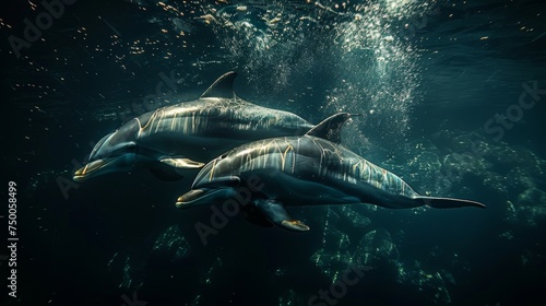 Dolphins swimming in clear blue ocean waters. Aquatic Sealife. Ocean. Endangered. Intelligent species.  © steve