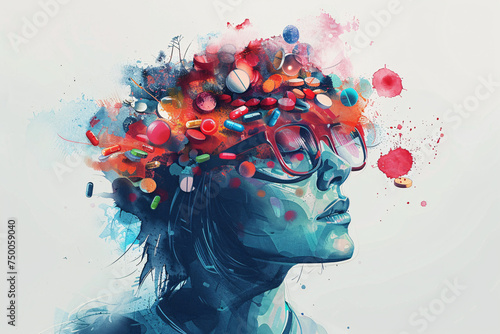 Overmedication concept, illustration of a Woman wearing glasses with medication and pills coming out of her head, pill addiction, ADHD medicine photo