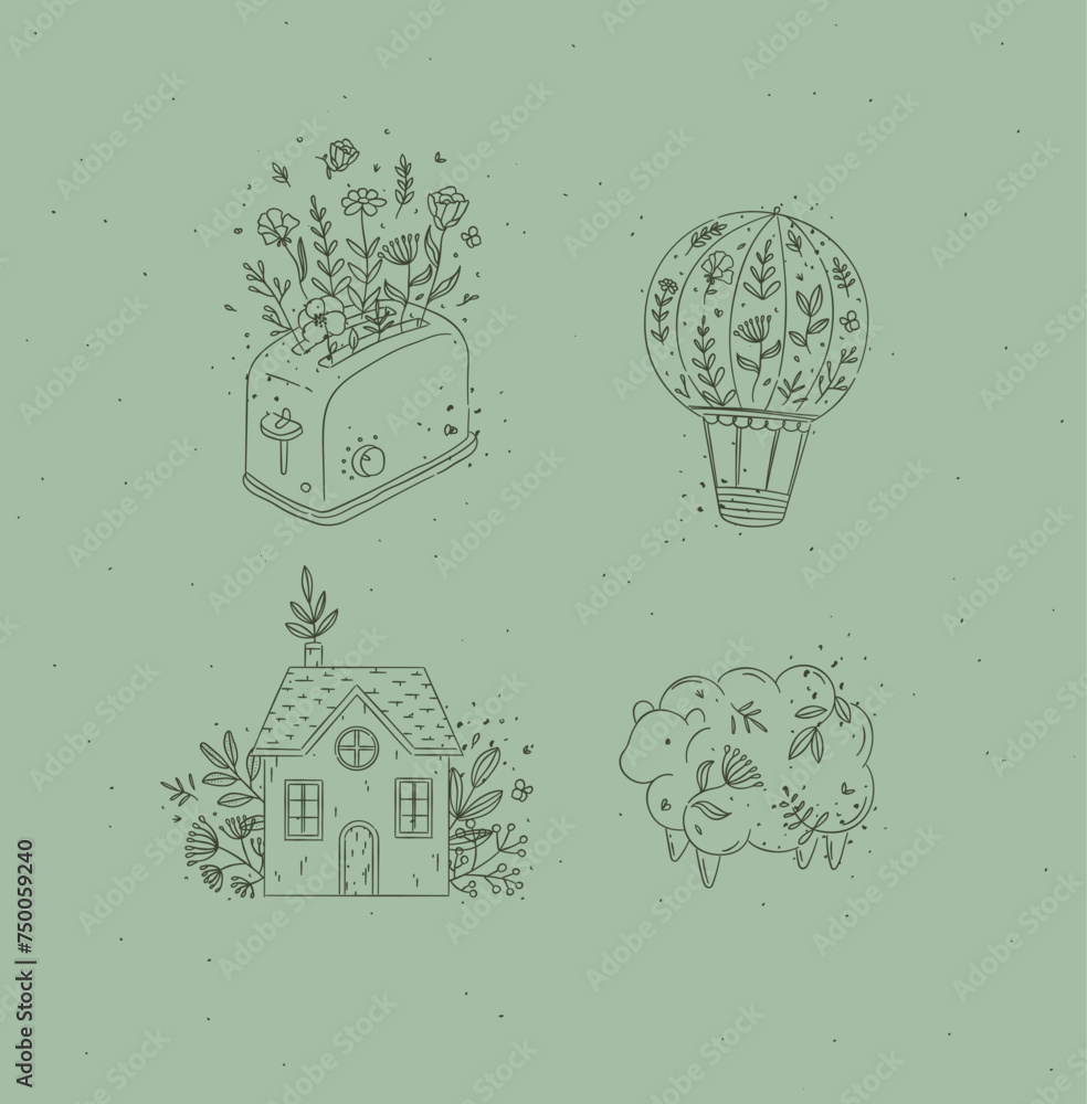 Hand drawn hot air balloon, toaster, village house, sheep icons drawing in floral style on green background