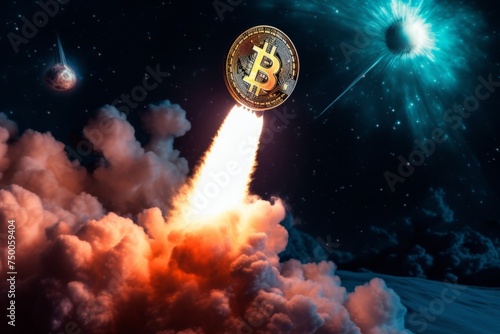 Bitcoin logo rocket launcher to the moon. Growth rate of the gold coin, cryptocurrency concept photo