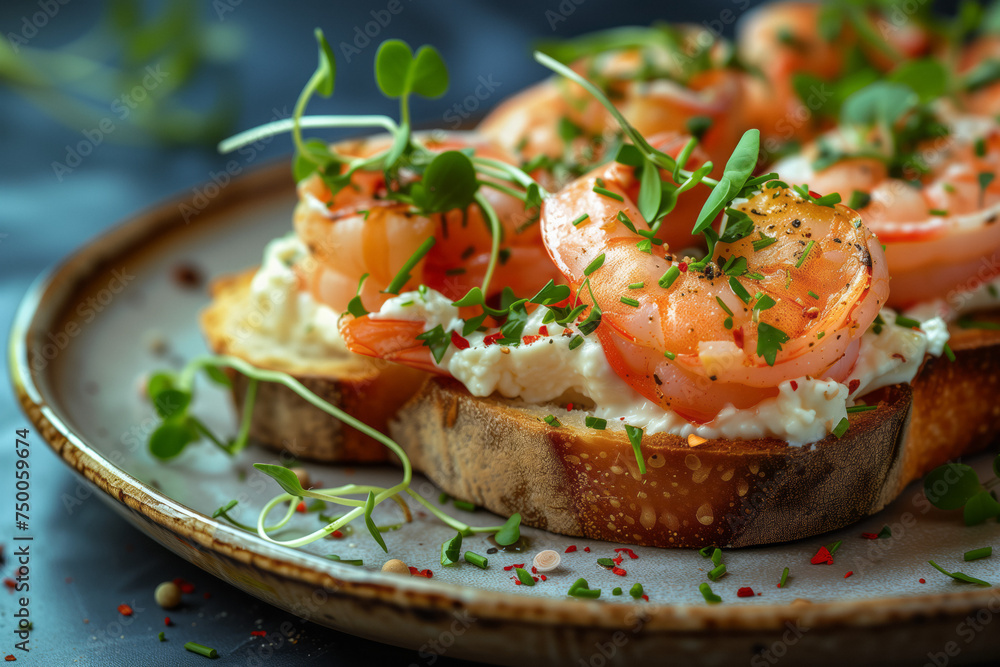 Close Up view of shrimp toasts with cream cheese and microgreens. Close Up view of shrimp toasts with cream cheese and microgreens.