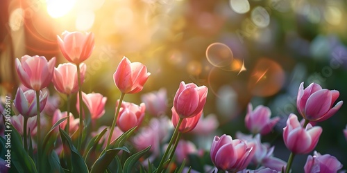 Blooming pink tulips in a spring field. Concept Floral Photography, Spring Blossoms, Nature Portrait, Pink Tulips, Outdoor Photoshoot photo