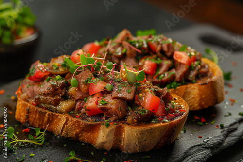 Savory Homemade Corned Beef Toast with cut tomatoes and microgreens