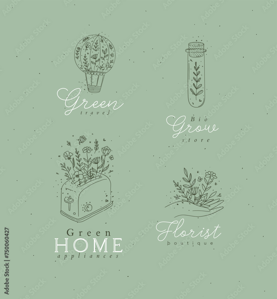Hand drawn hot air balloon, test tube, hand, toaster labels drawing in floral style on green background