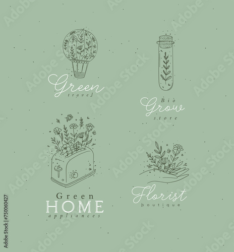 Obraz na płótnie Hand drawn hot air balloon, test tube, hand, toaster labels drawing in floral style on green background w salonie