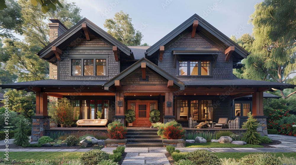 The exterior of a craftsman home with a covered porch, capturing the essence of suburban living with its timeless design and meticulous detailing.