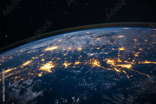 Top view on nightly planet earth with lights illuminated of cities from dark outer space