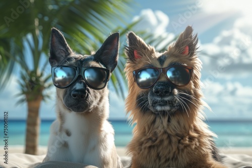 Stylish happy dog and cat wearing sunglasses having vacation relaxing on beach, concept of traveling with pets at summer